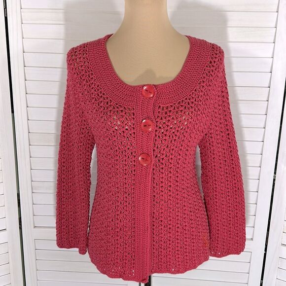 Talbots Sweater Cardigan Medium Y2K Pink Hand Knit Cottagecore - Picture 2 of 8